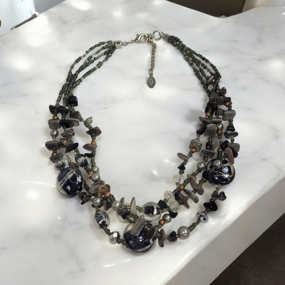 Christine Greene Statement Necklace Black Silver Multi-Strand 19" Pearl Abalone